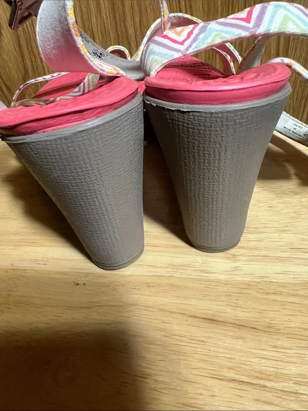 CROCS Pink Wedge Sandals with Chevron Multi-Color Straps
